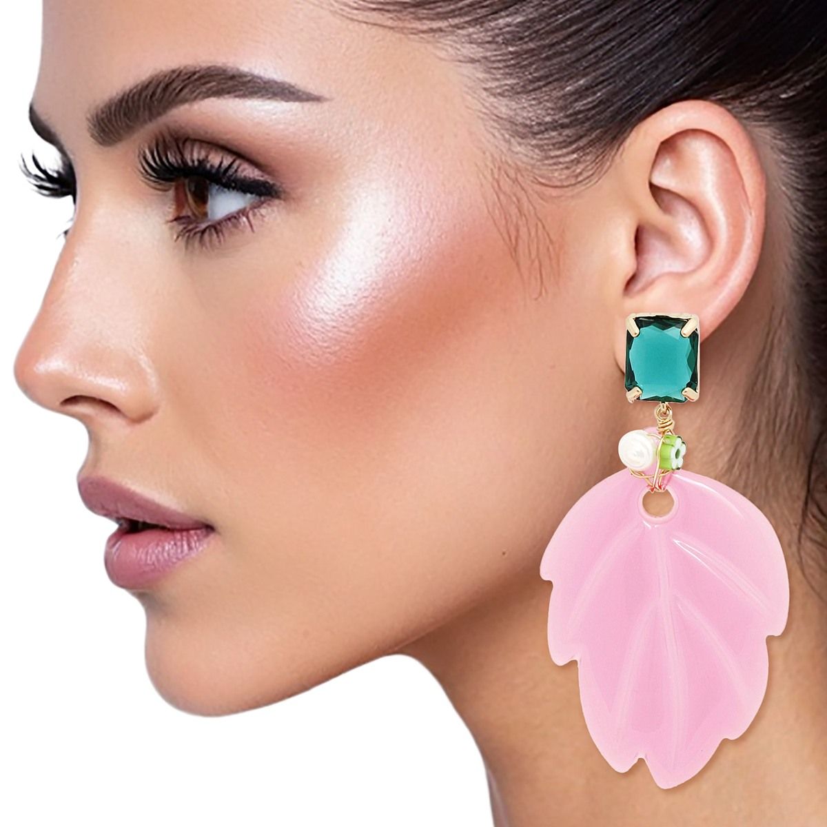 Pink green tropical leaf drop earrings acrylic vibrant statement jewelry women