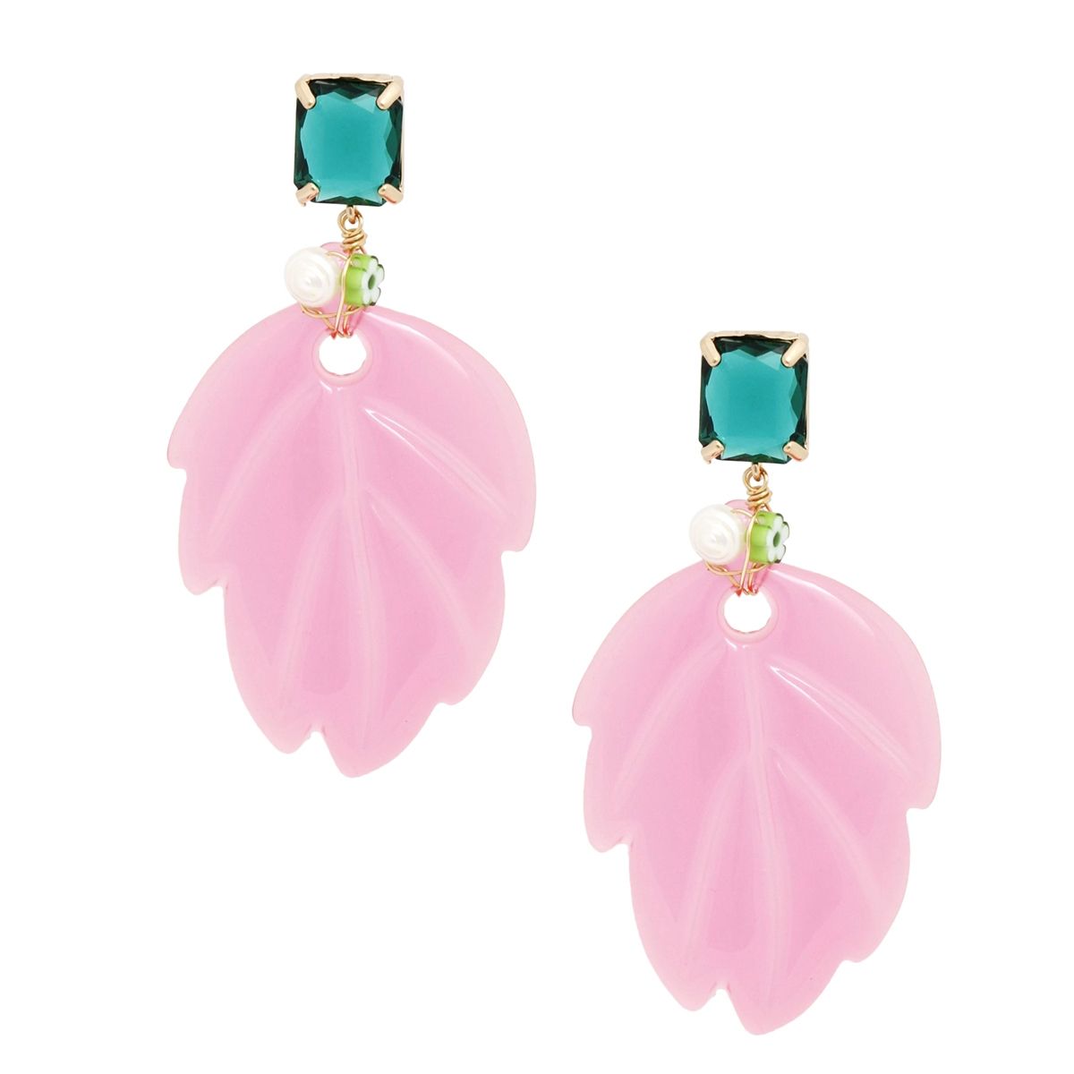 Pink green tropical leaf drop earrings leaf detail close up vibrant color