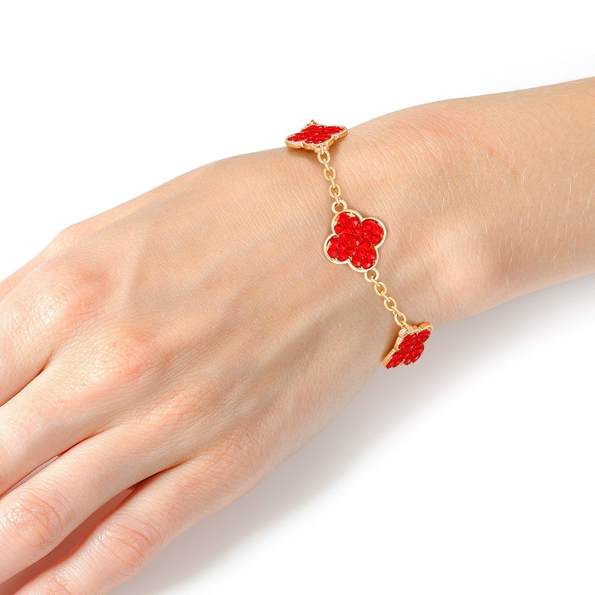 Clover Bracelet Red Rhinestone Quatrefoil Clovers Red Gold Chain