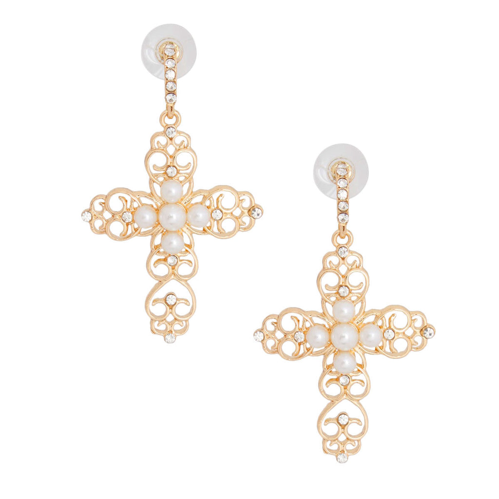 Cream filigree cross earrings filigree detail close up intricate