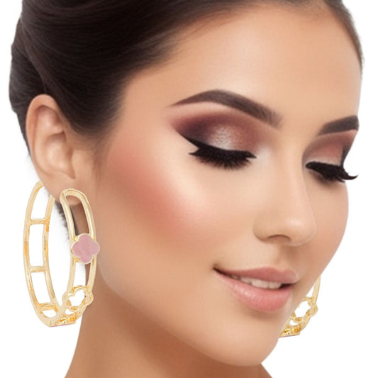 Clover Earrings Hoops Gold Pink - Clover Wide Earrings for Women