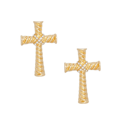 Stud Gold Cross Ridged Texture Earrings Women