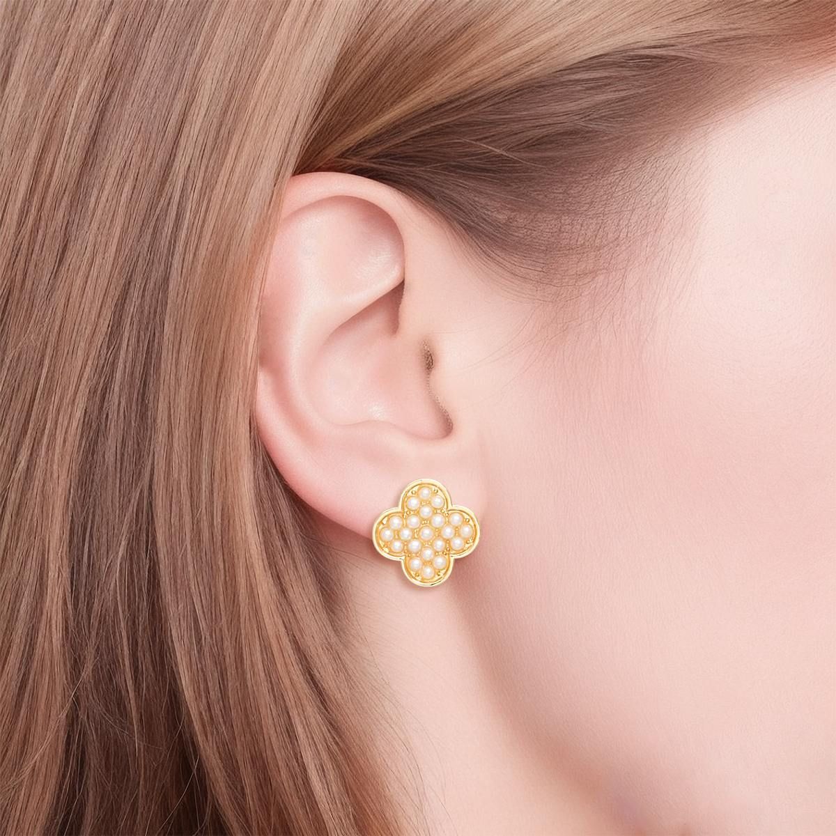 Clover Earrings Studs Gold Cream Pearl Quatrefoil