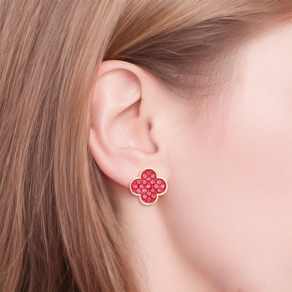 Clover Earrings Studs Pink Rhinestone Quatrefoil