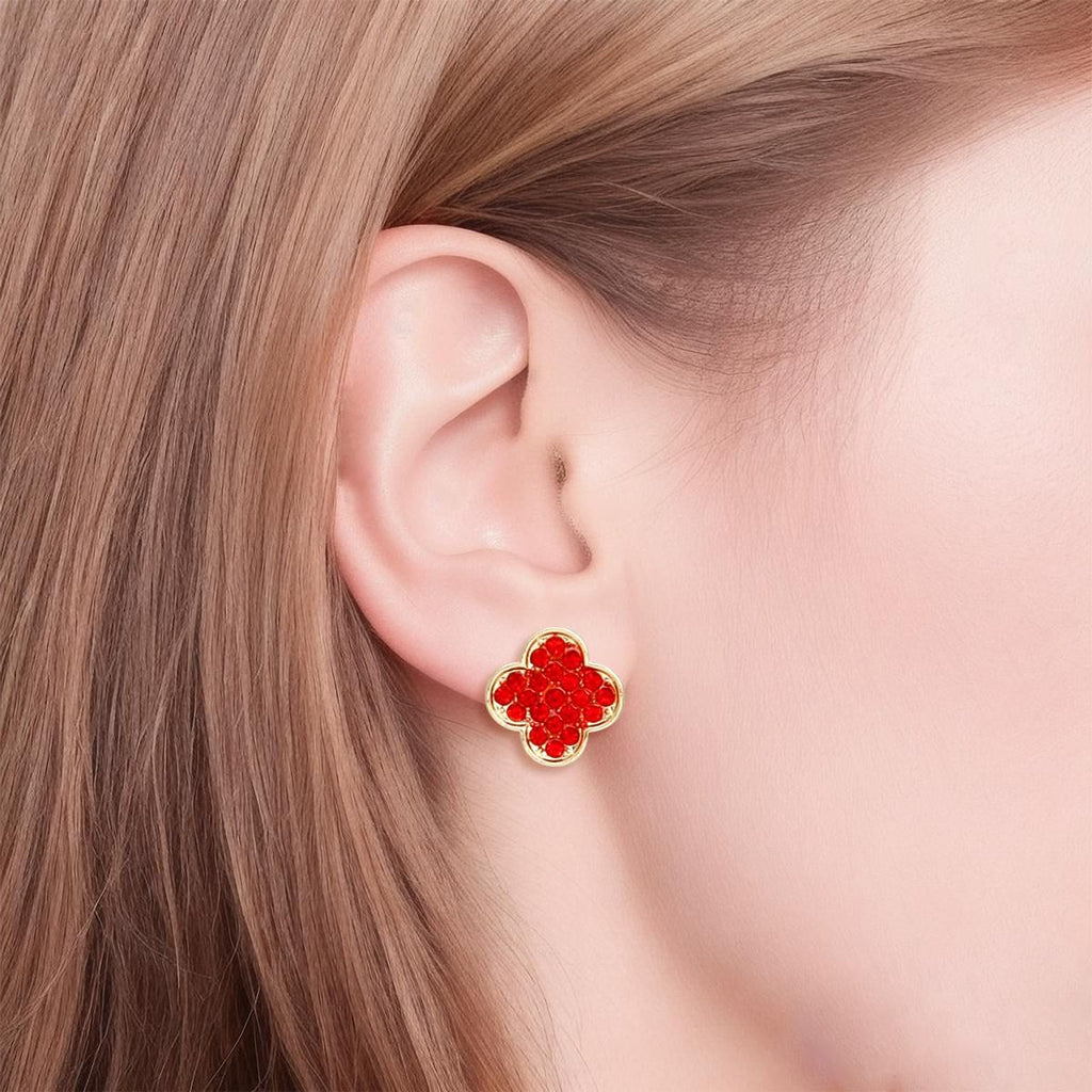 Clover Earrings Studs Red Rhinestone Quatrefoil
