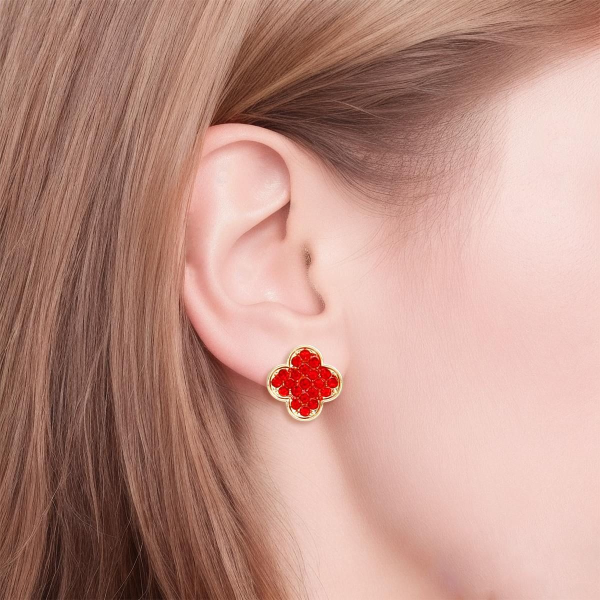 Clover Earrings Studs Red Rhinestone Quatrefoil