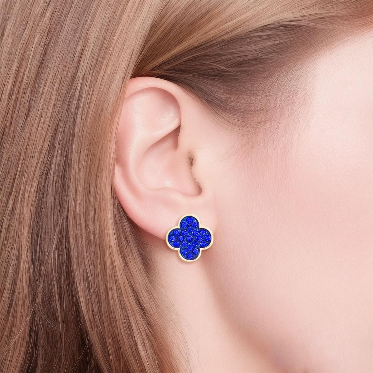 Clover Earrings Studs Blue Rhinestone Quatrefoil Clover Earrings