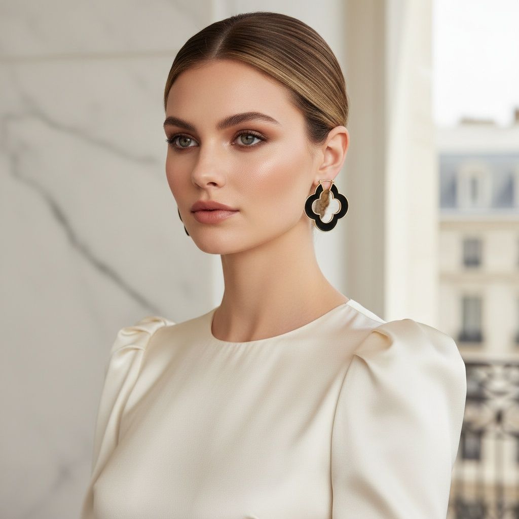 Hoop Black Resin Gold Quatrefoil Clover Earrings