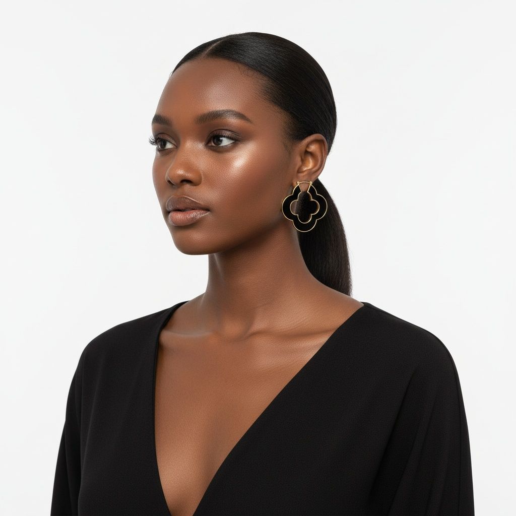 Hoop Black Resin Gold Quatrefoil Clover Earrings