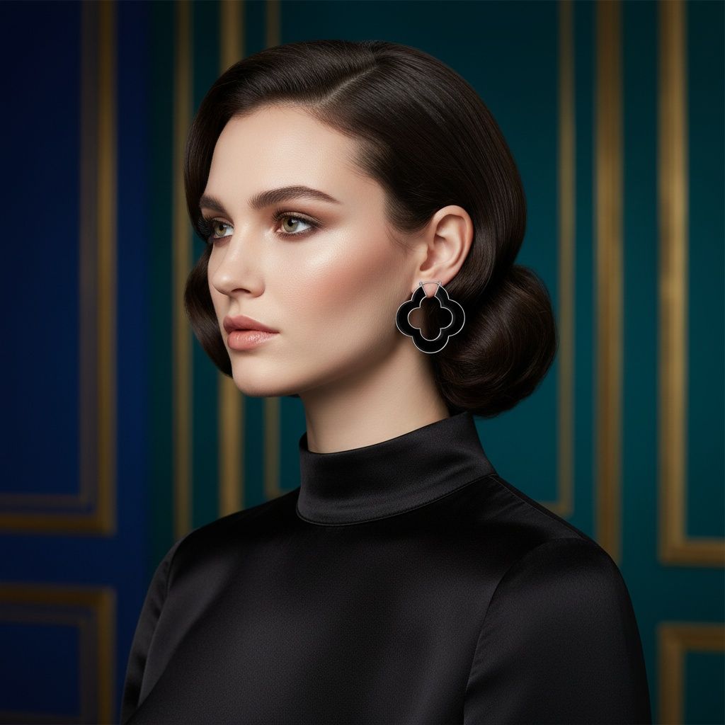 Hoop Black Resin Silver Quatrefoil Clover Earrings