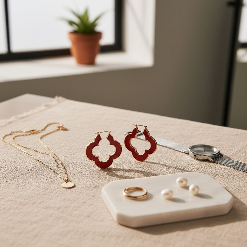 Hoop Red Resin Gold Quatrefoil Clover Earrings