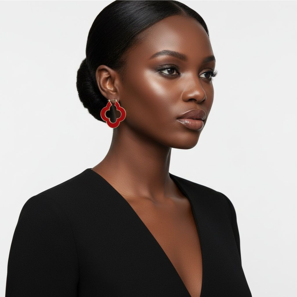 Hoop Red Resin Gold Quatrefoil Clover Earrings