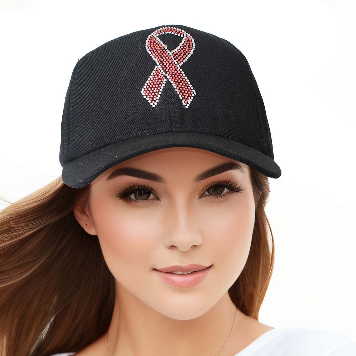 Black pink ribbon baseball cap breast cancer awareness rhinestone bling hat women