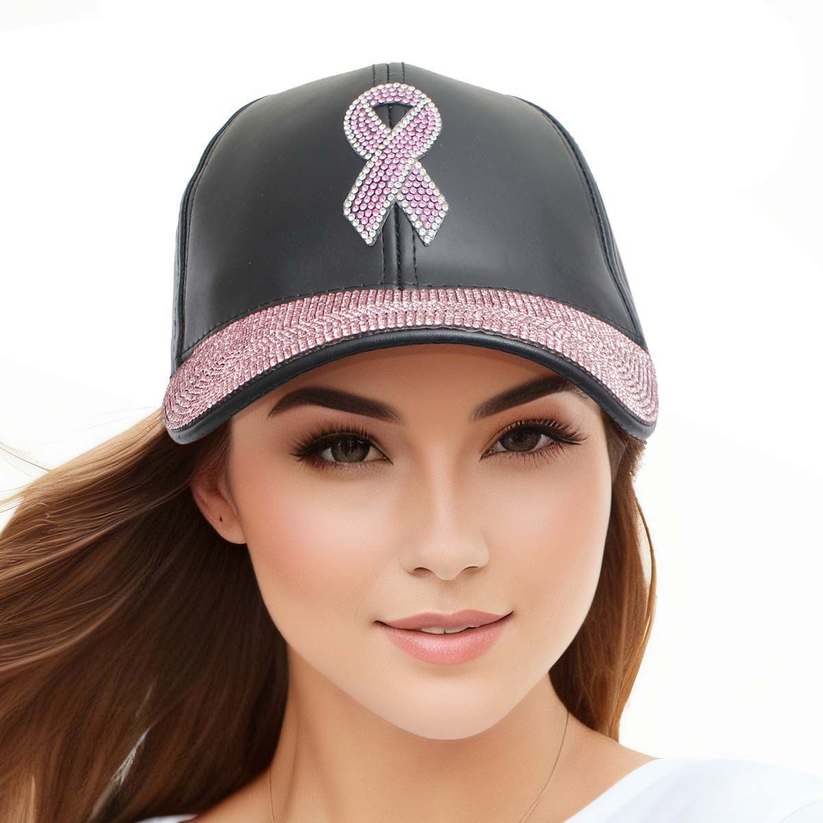 Black leather pink ribbon baseball cap breast cancer awareness bling hat women