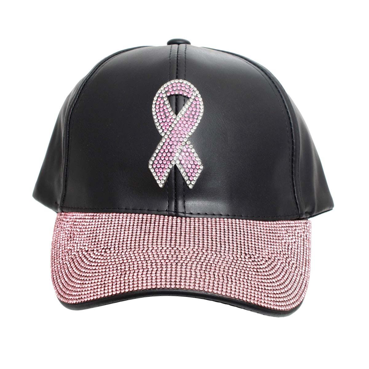 Black vegan leather pink ribbon cap rhinestone ribbon detail close up