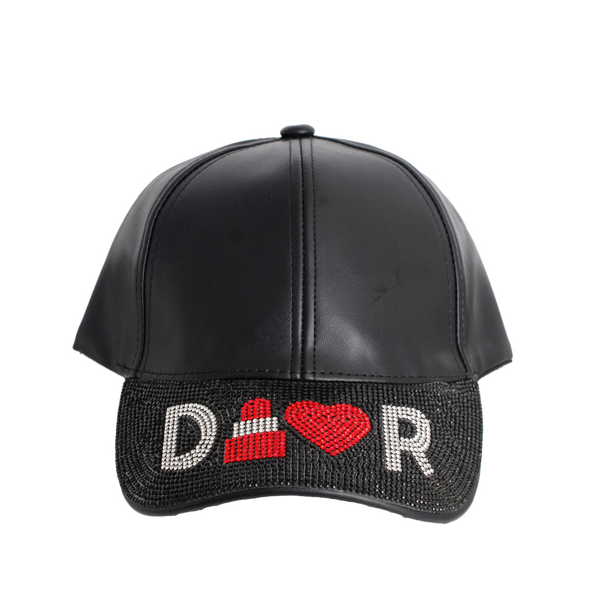 Black designer D visor cap rhinestone D logo detail close up leather
