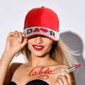Red designer D visor hat vegan leather rhinestone inspired women's cap bold