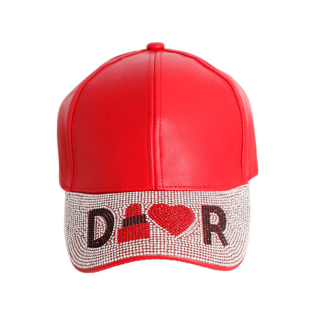 Red designer D visor cap rhinestone D logo detail close up leather