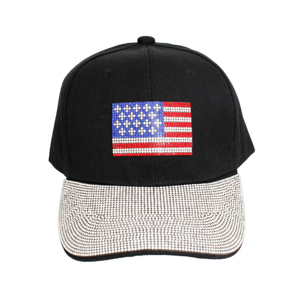 Black canvas American flag hat rhinestone detail flag front panel close up