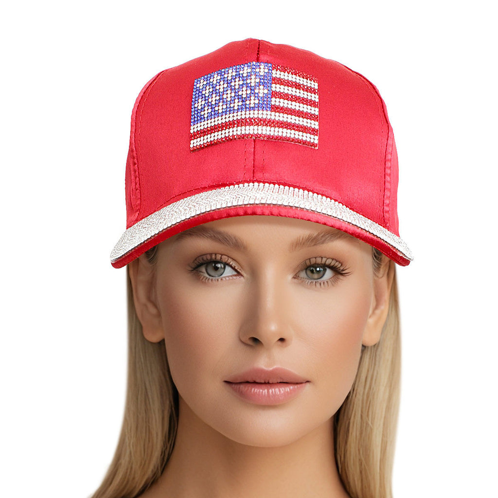 Red satin American flag baseball cap women rhinestone patriotic hat bold