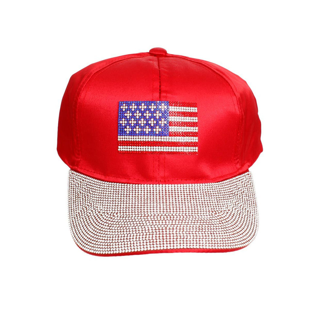 Red satin American flag hat rhinestone detail flag front panel close up