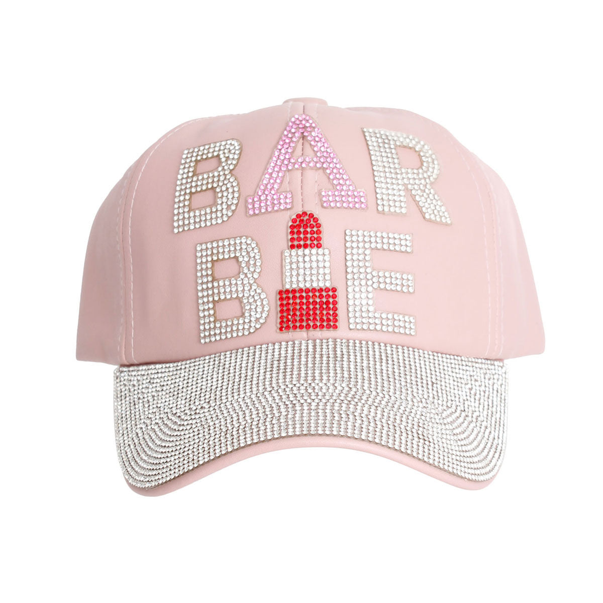 Pink vegan leather Barbie cap rhinestone detail front panel close up