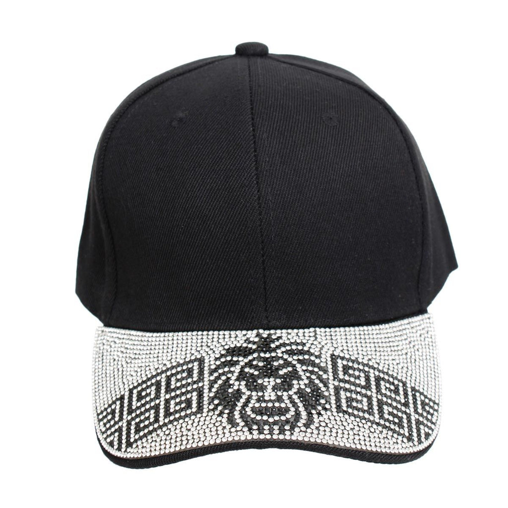 Black lion Greek bling cap rhinestone lion head Greek key detail close up