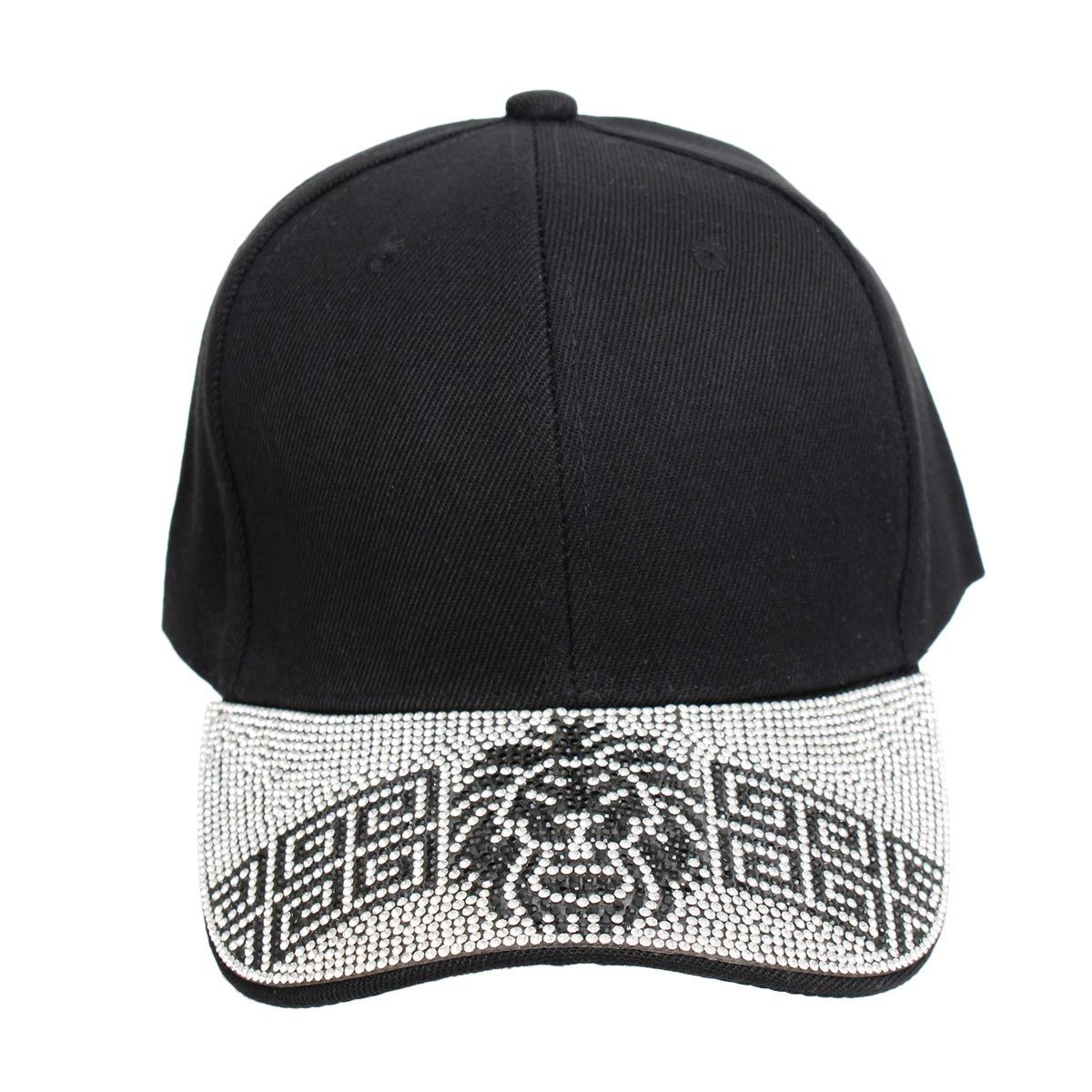 Black lion Greek bling cap rhinestone lion head Greek key detail close up