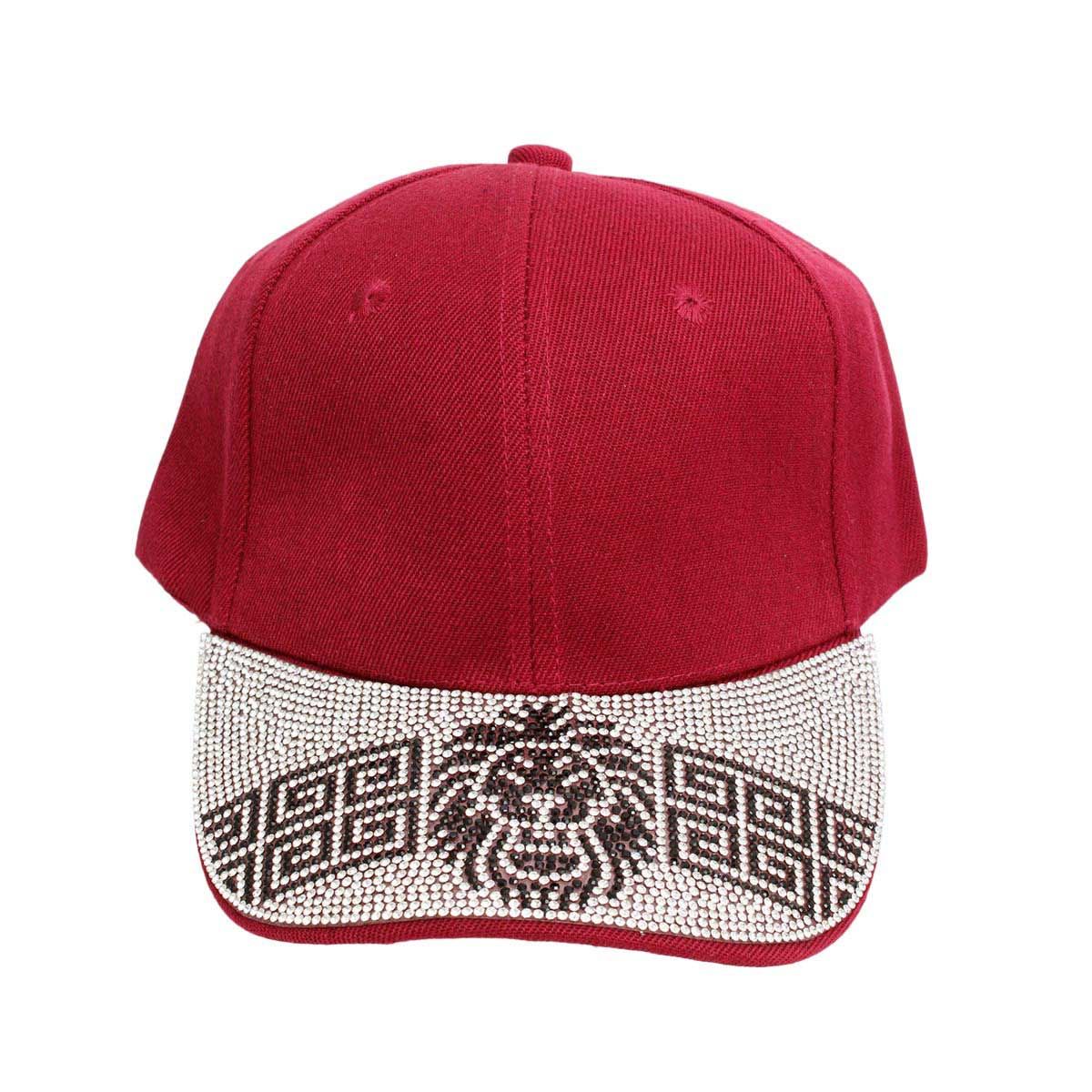 Burgundy lion Greek bling cap rhinestone lion head Greek key detail close up