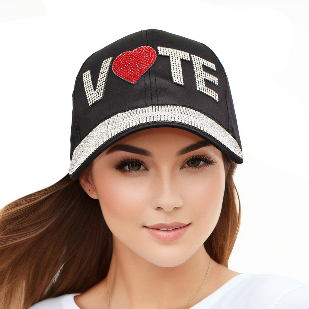 Black satin VOTE rhinestone baseball cap women civic statement bling hat