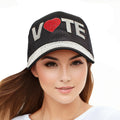 Black satin VOTE rhinestone baseball cap women civic statement bling hat