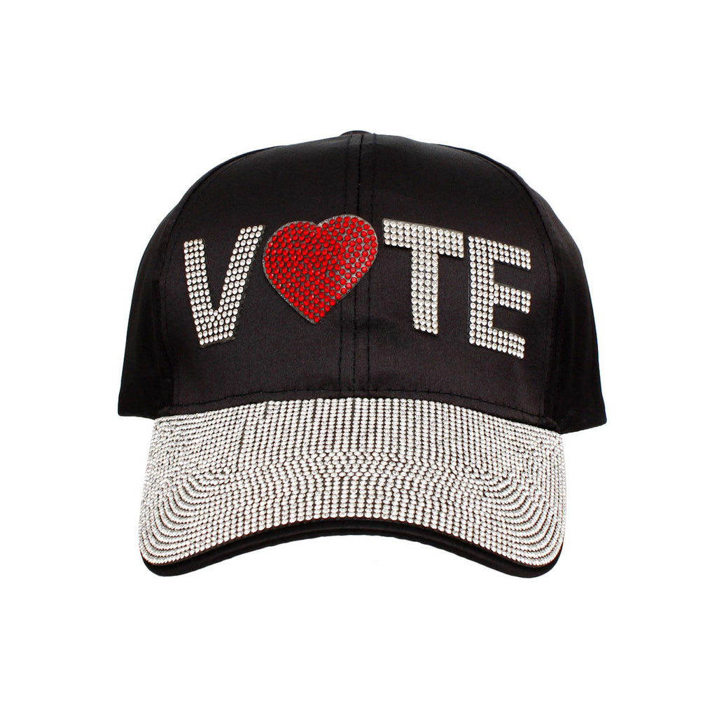 Black satin VOTE rhinestone hat VOTE rhinestone embellishment detail close up