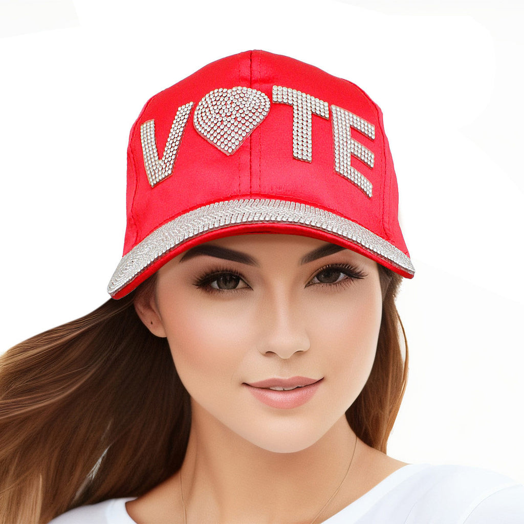 Red satin VOTE rhinestone baseball cap women civic statement bling hat bold