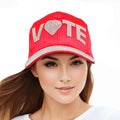 Red satin VOTE rhinestone baseball cap women civic statement bling hat bold