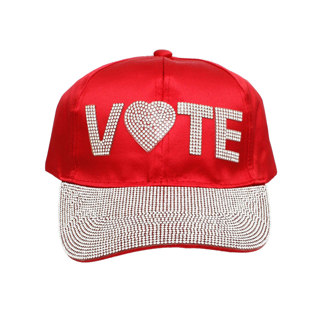 Red satin VOTE rhinestone hat VOTE rhinestone embellishment detail close up