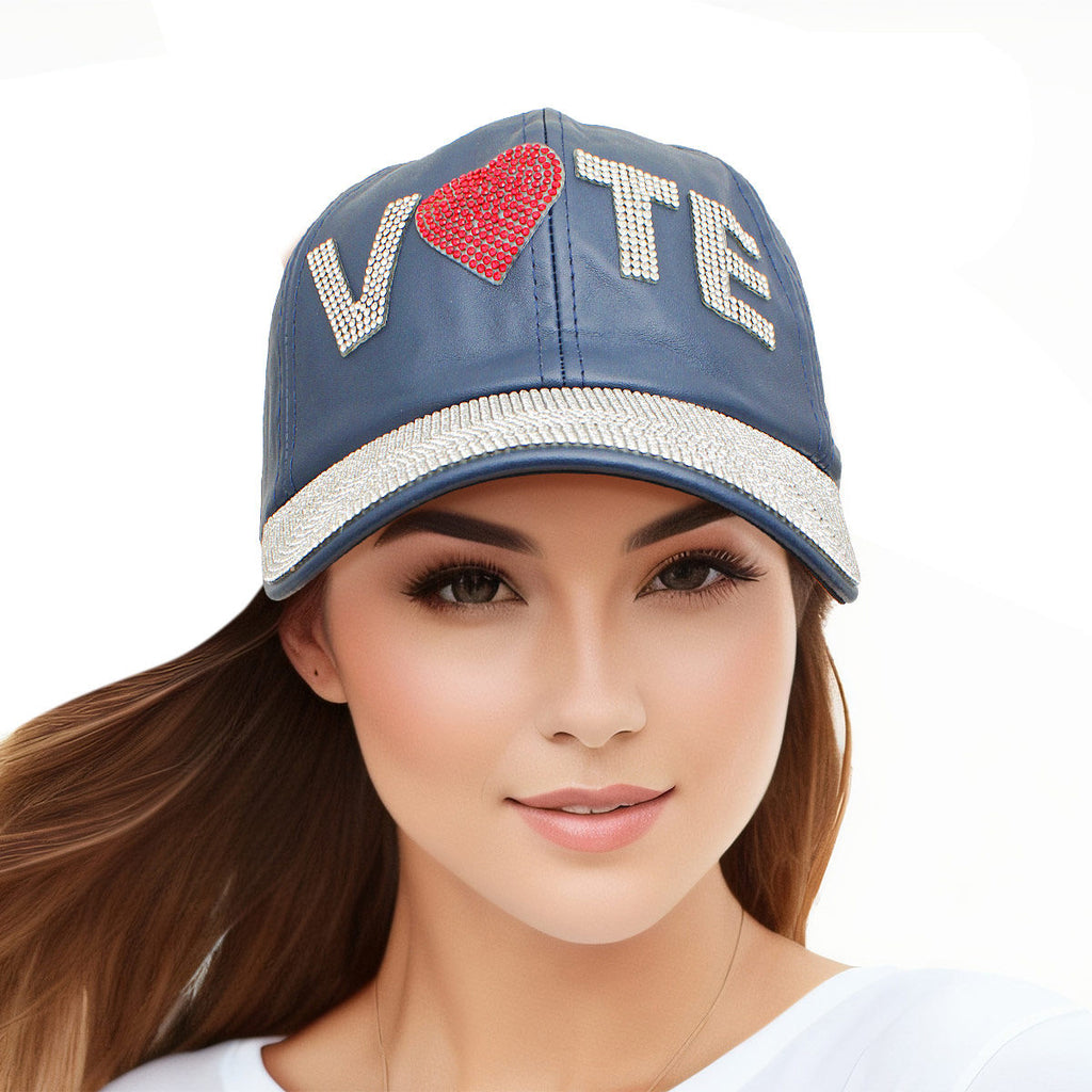 Women's navy blue rhinestone VOTE baseball cap bling leather patch adjustable hat