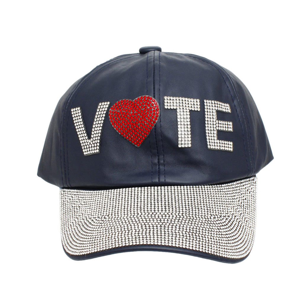 Navy rhinestone VOTE baseball cap rhinestone leather patch detail close up