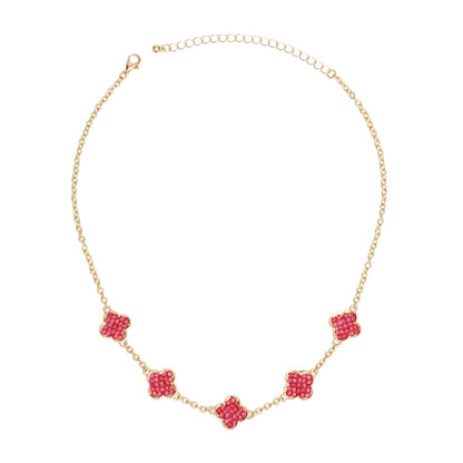 Necklace Gold Pink Rhinestone Quatrefoil Clovers