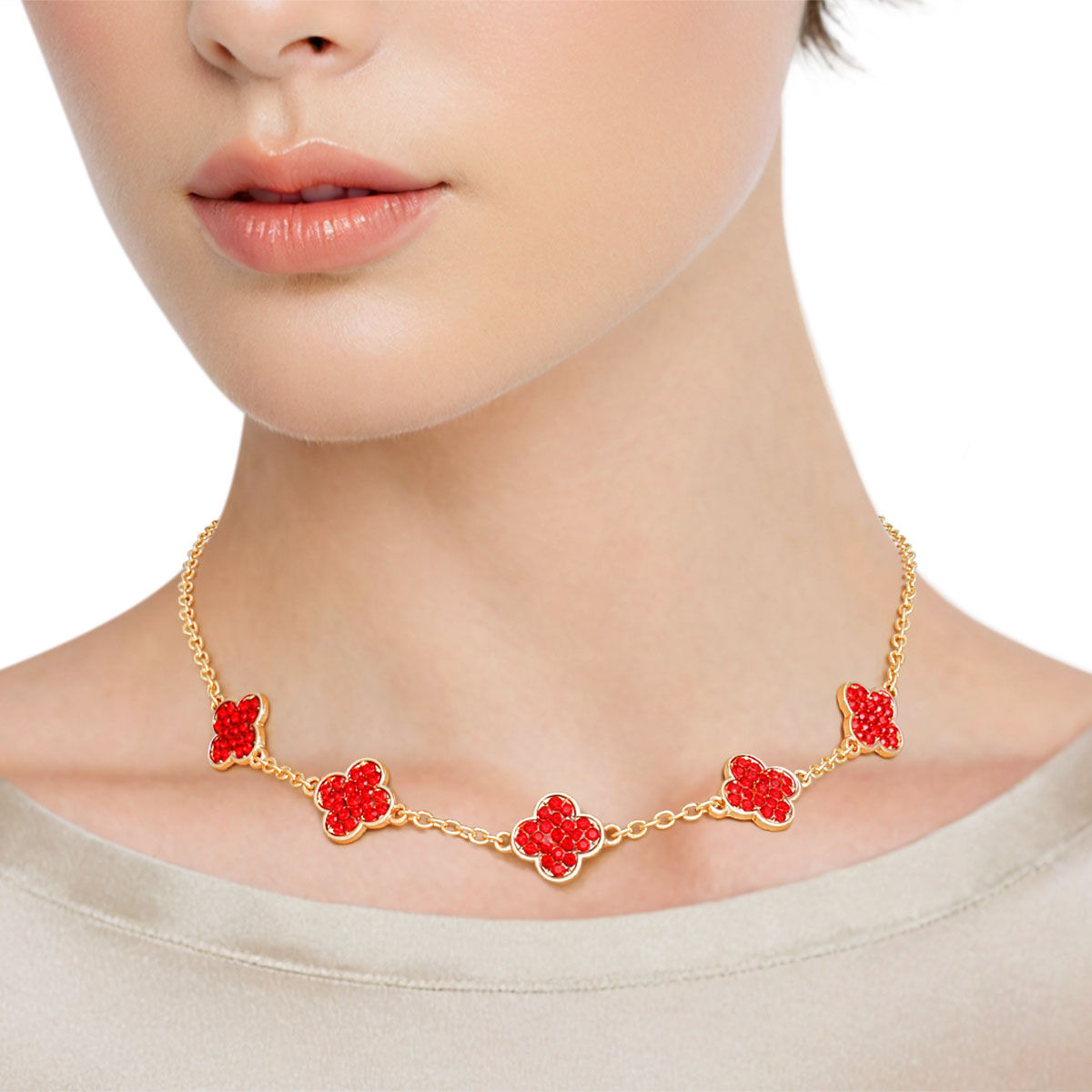 Clover Necklace Gold Red Rhinestone Quatrefoil Clovers