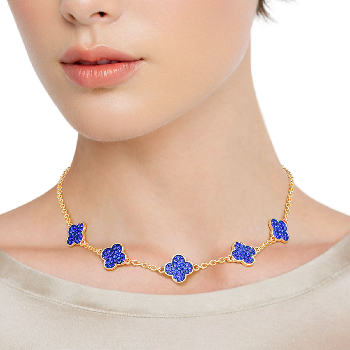 Clover Necklace Gold Blue Rhinestone Quatrefoil Clovers