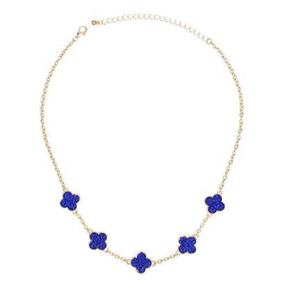 Necklace Gold Blue Rhinestone Quatrefoil Clovers
