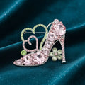 Pink green glass crystal high heel heart brooch glamorous silver statement pin women