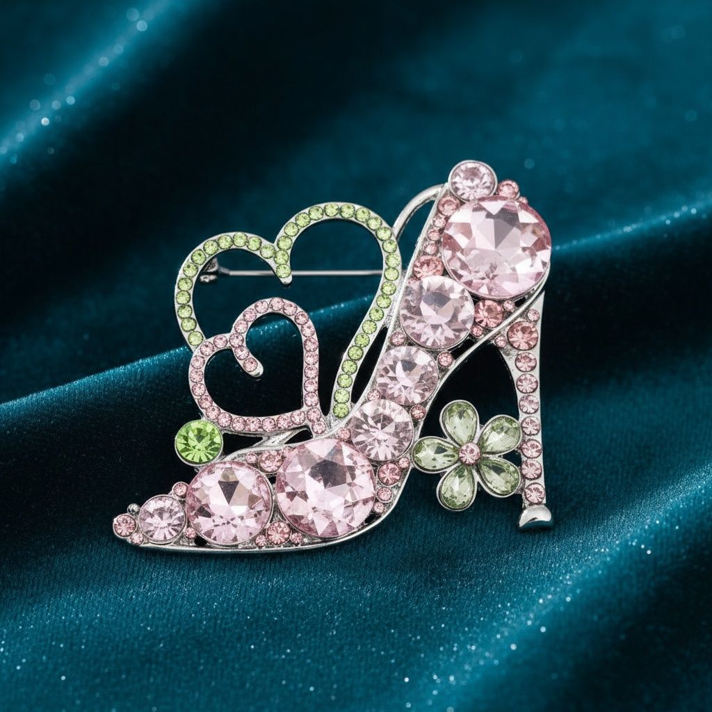 Pink green glass crystal high heel heart brooch glamorous silver statement pin women