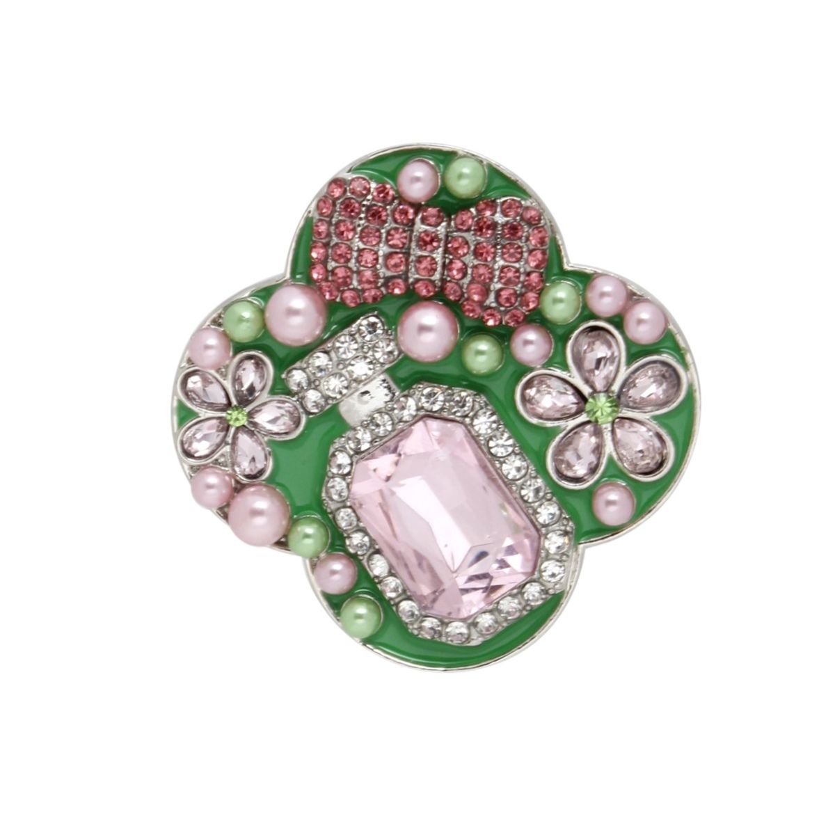 Clover pink green perfume bottle brooch rhinestone detail close up view