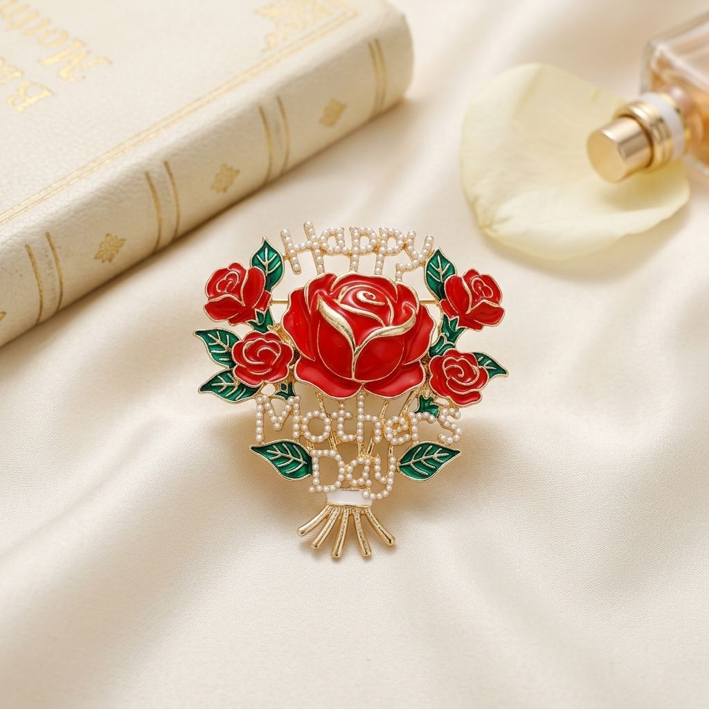 Brooch Gold Mother's Day Red Rose Bouquet Pin