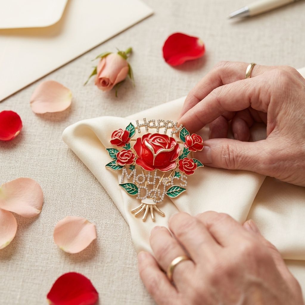 Brooch Gold Mother's Day Red Rose Bouquet Pin