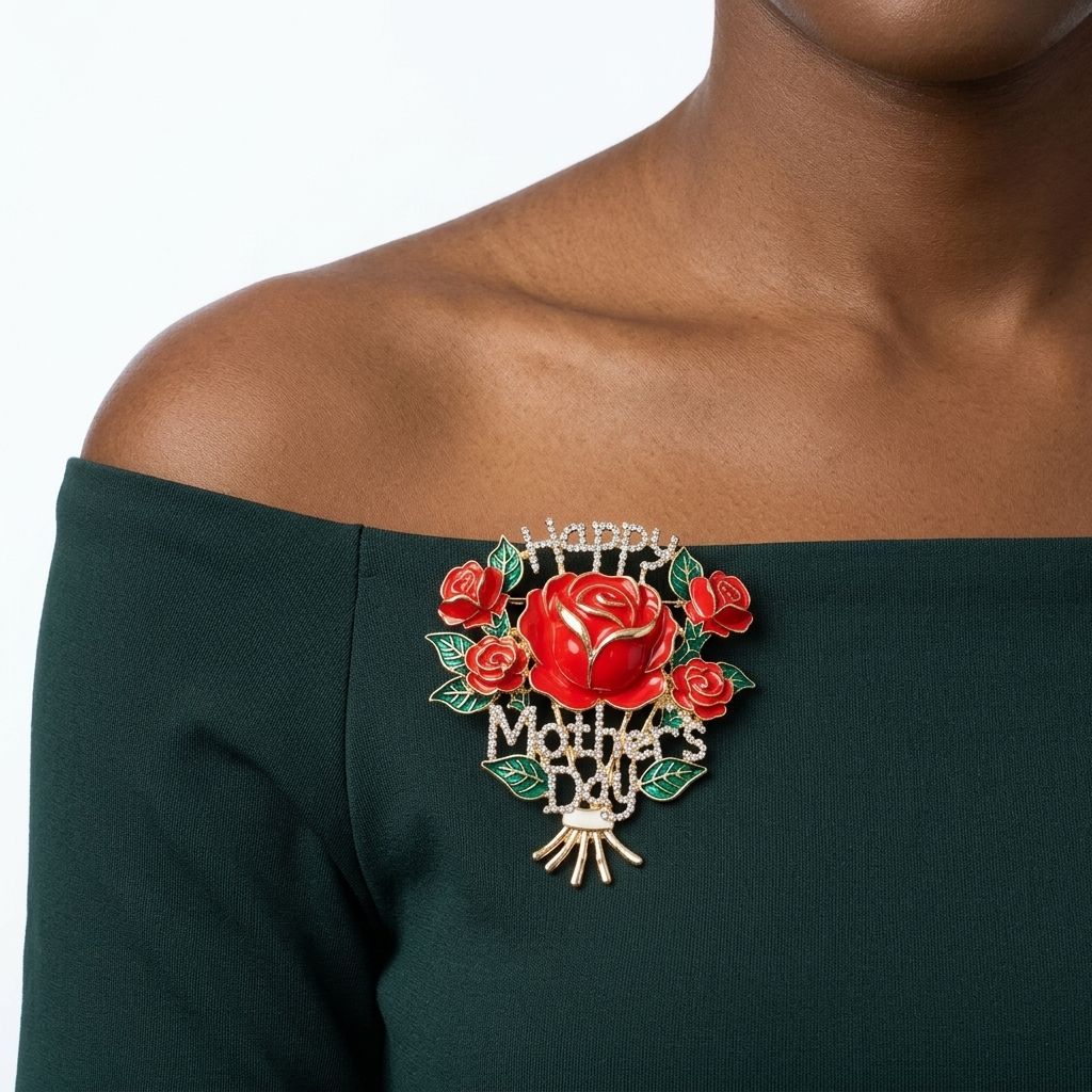 Brooch Gold Mother's Day Red Rose Bouquet Pin