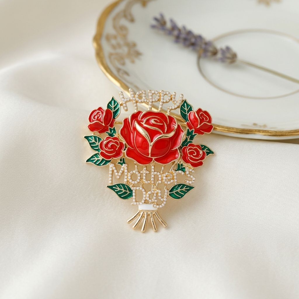 Brooch Gold Mother's Day Red Rose Bouquet Pin
