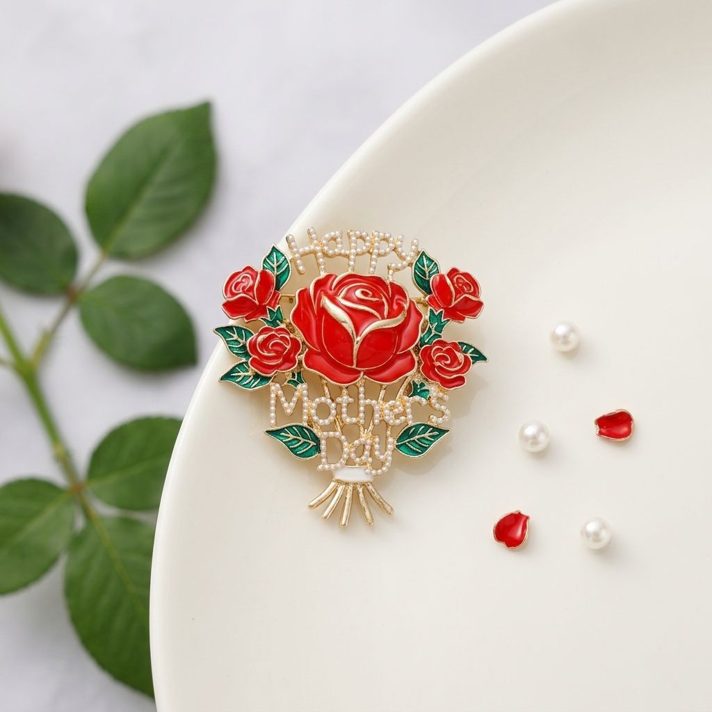 Brooch Gold Mother's Day Red Rose Bouquet Pin