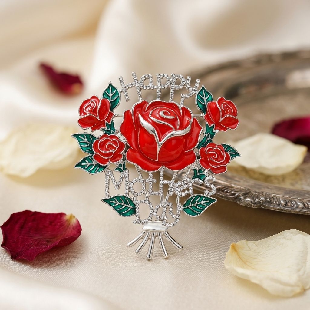 Brooch Silver Mother's Day Red Rose Bouquet Pin